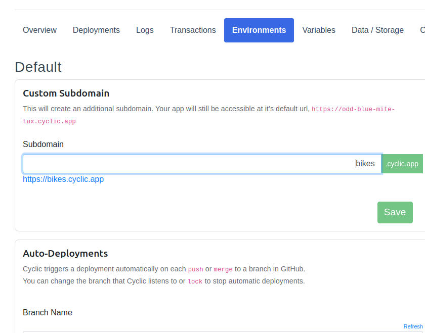 Environments tab in Cyclic dashboard showing the custom subdomain.